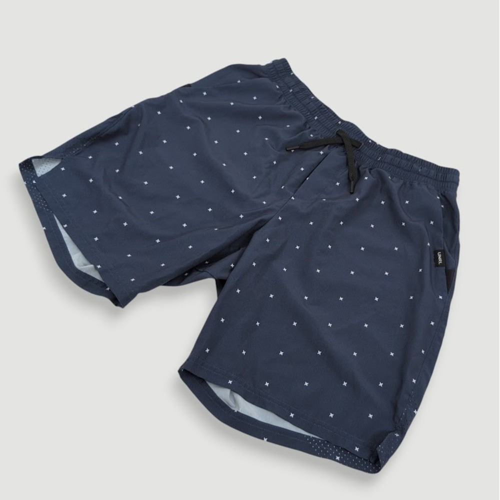 UNRL Stride Shorts Men Large 7.5" Inseam Navy Blue X Pattern Athletic Athleisure